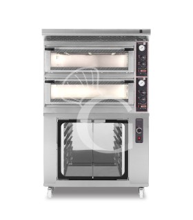 Horno eléctrico mecánico  puerta cristal 4 bandejas 60x40 o 4+4 pizzas Ø 40cm  campana inox y cámara fermentación inox