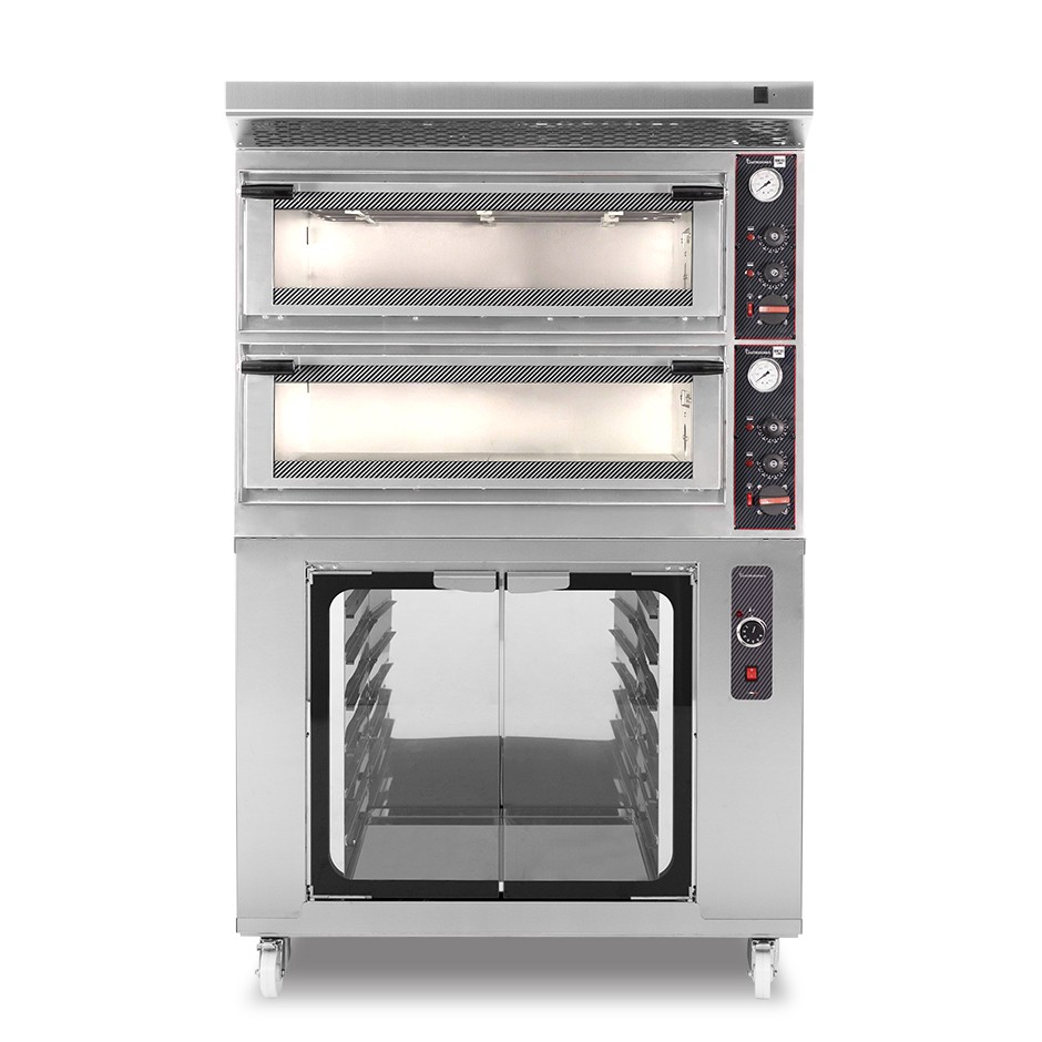 Horno eléctrico mecánico  puerta cristal 4 bandejas 60x40 o 4+4 pizzas Ø 40cm  campana inox y cámara fermentación inox