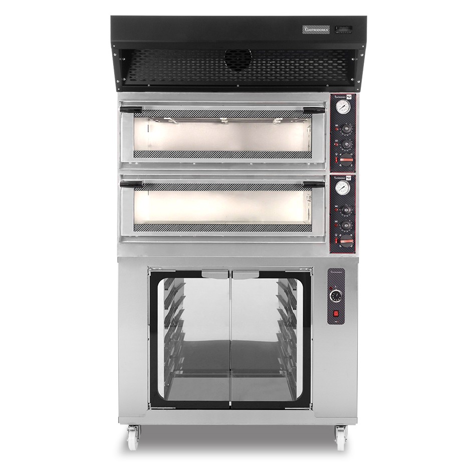 Horno eléctrico mecánico  puerta  cristal 4 bandejas 60x40 o 4+4 pizzas Ø40cm  campana condensación  cámara fermentación