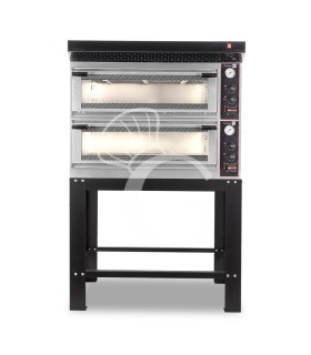 Horno eléctrico mecánico  puerta de cristal 4 bandejas 600x400 o 4+4 pizzas Ø 400mm con campana negra soporte