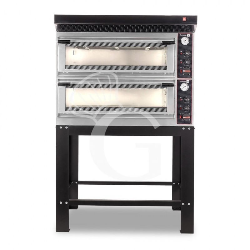 Horno eléctrico mecánico  puerta de cristal 4 bandejas 600x400 o 4+4 pizzas Ø 400mm con campana negra soporte