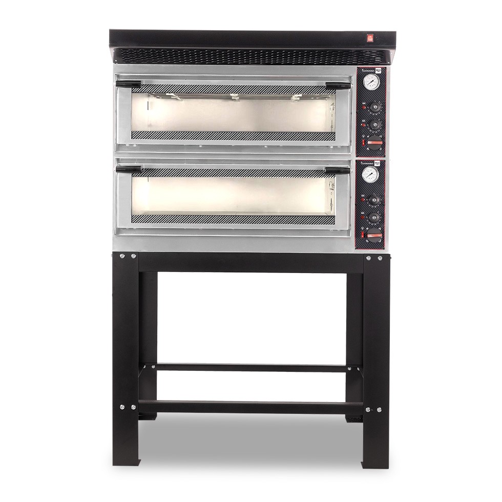 Horno eléctrico mecánico  puerta de cristal 4 bandejas 600x400 o 4+4 pizzas Ø 400mm con campana negra soporte