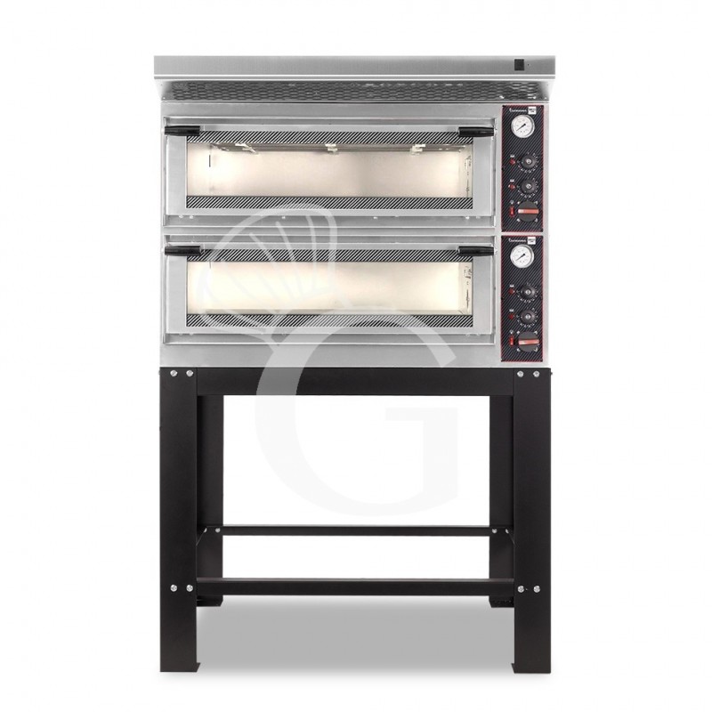 Horno eléctríco mecánico puerta de cristal 4 bandejas 600x400 o 4+4 pizzas Ø 400mm con campana inox y  soporte