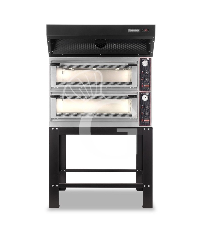 Horno eléctrico mecánico puerta de cristal 4 bandejas 600x400 o 4+4 pizzas Ø 400mm con campana de condensación negra y  soporte
