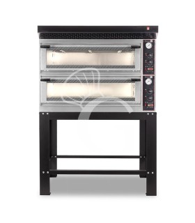 Horno eléctrico mecánico puerta de cristal 8 bandejas 600x400 o 6+6 pizzas Ø 400mm con campana negra y soporte