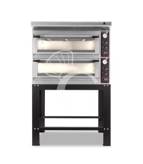 Horno eléctrico mecánico puerta de cristal 8 bandejas 600x400 o 6+6 pizzas Ø 400mm con campana inox y soporte