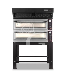 Horno eléctrico mecánico puerta de cristal 8 bandejas 600x400 o 6+6 pizzas Ø 400mm con campana de condensación negra y soporte
