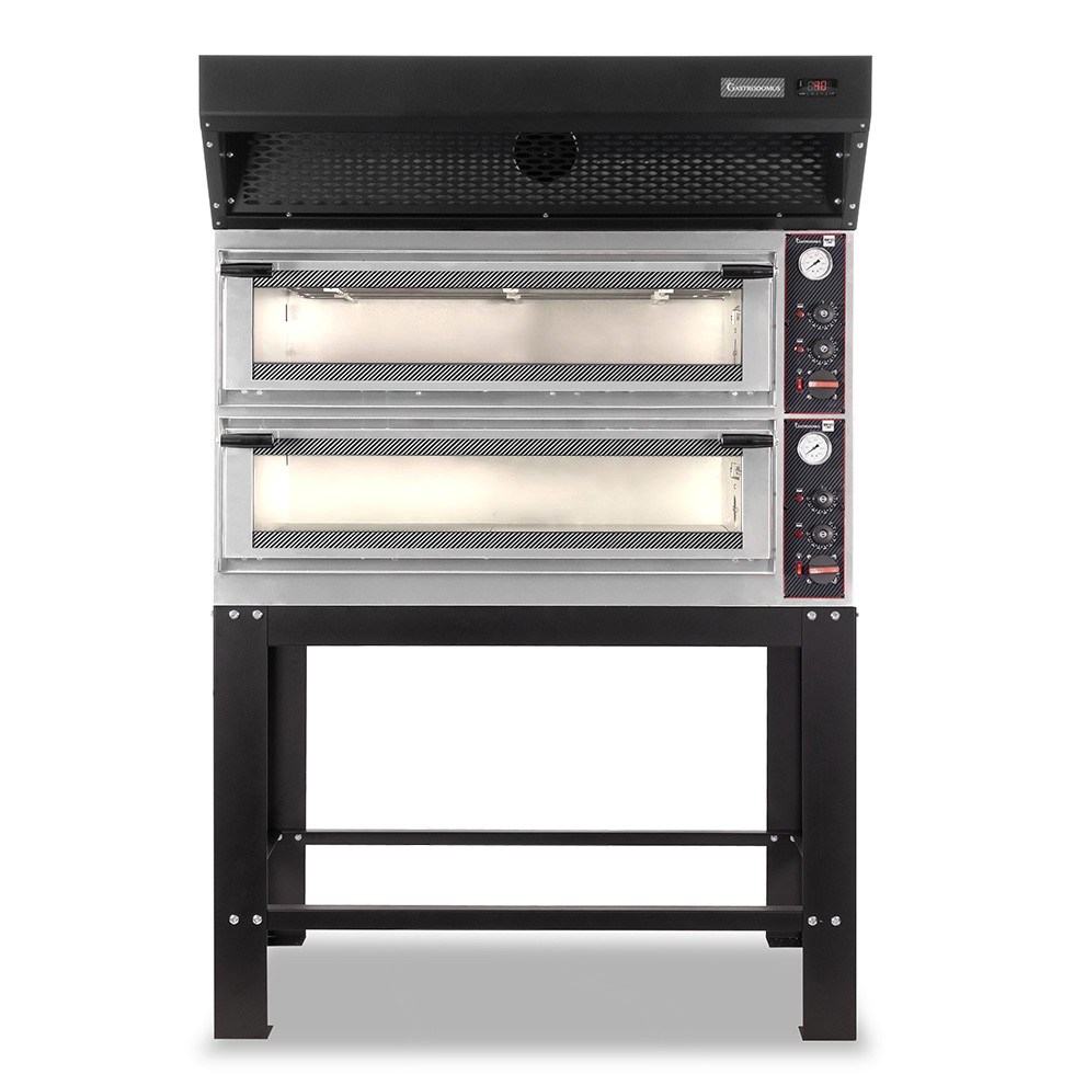 Horno eléctrico mecánico puerta de cristal 8 bandejas 600x400 o 6+6 pizzas Ø 400mm con campana de condensación negra y soporte