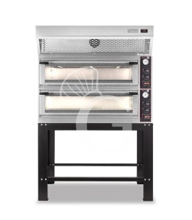 Horno eléctrico mecánico puerta de cristal 8 bandejas 600x400 o 6+6 pizzas Ø 400mm con campana de condensación inox y soporte