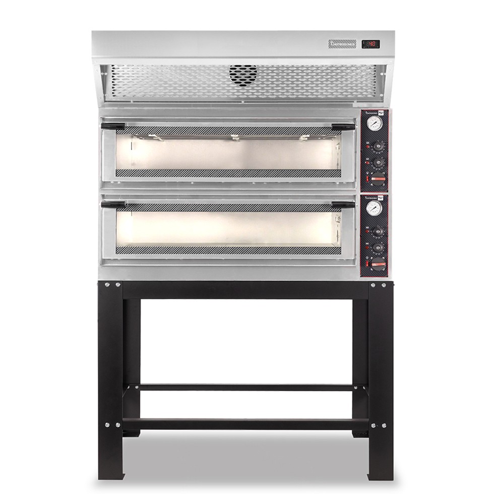 Horno eléctrico mecánico puerta de cristal 8 bandejas 600x400 o 6+6 pizzas Ø 400mm con campana de condensación inox y soporte
