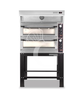 Horno eléctrico mecánico puerta de cristal 4 bandejas 600x400 o 4+4 pizzas Ø 400mm con campana de condensación inox y soporte
