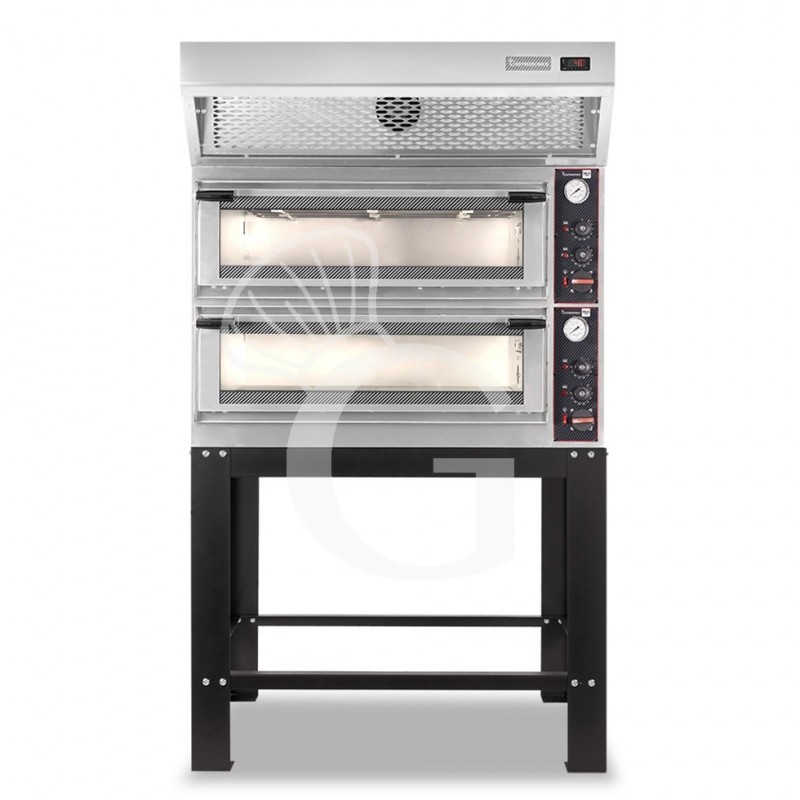 Horno eléctrico mecánico puerta de cristal 4 bandejas 600x400 o 4+4 pizzas Ø 400mm con campana de condensación inox y soporte
