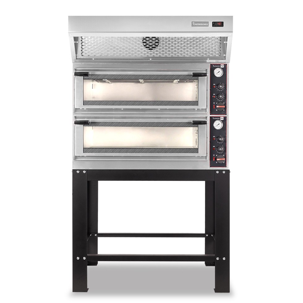 Horno eléctrico mecánico puerta de cristal 4 bandejas 600x400 o 4+4 pizzas Ø 400mm con campana de condensación inox y soporte