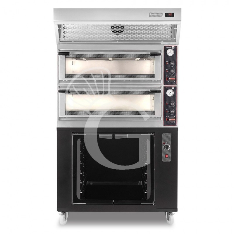 Horno eléctrico mecánico  puerta cristal 4 bandejas 60x40 o 4+4 pizzas Ø 40cm  campana condensación  cámara de fermentación
