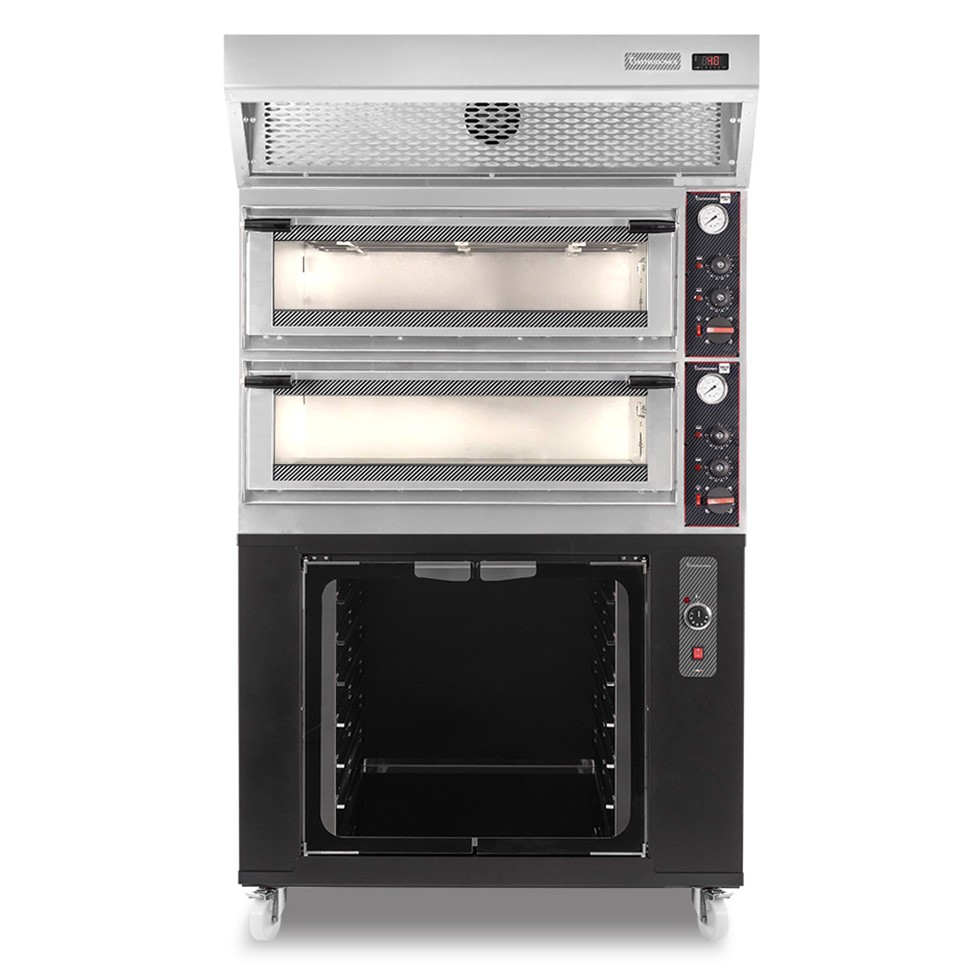 Horno eléctrico mecánico  puerta cristal 4 bandejas 60x40 o 4+4 pizzas Ø 40cm  campana condensación  cámara de fermentación