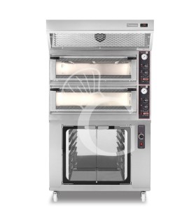 Horno eléctrico mecánico  puerta cristal 4 bandejas 60x40 o 4+4 pizzas Ø 40cm campana  condensación y cámara fermentación inox