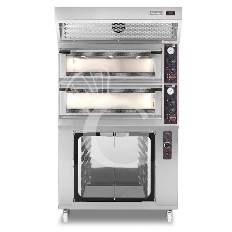 Horno eléctrico mecánico  puerta cristal 4 bandejas 60x40 o 4+4 pizzas Ø 40cm campana  condensación y cámara fermentación inox