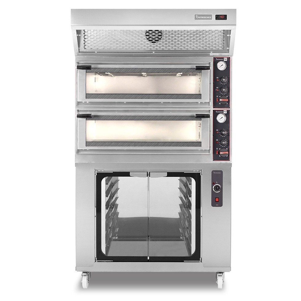 Horno eléctrico mecánico  puerta cristal 4 bandejas 60x40 o 4+4 pizzas Ø 40cm campana  condensación y cámara fermentación inox