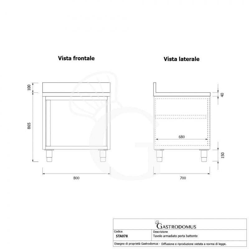 Mesa mural de acero inoxidable 1 puerta batiente y peto L 800 mm x P 700 mm x A 950 mm