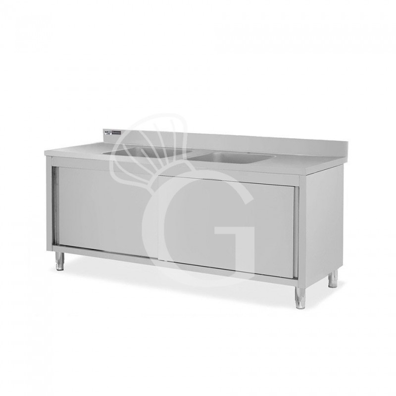Fregadero para ollas  de acero inox 2 puertas correderas, peto, 2 senos y L1800 mm x P600 mm x H 965 mm