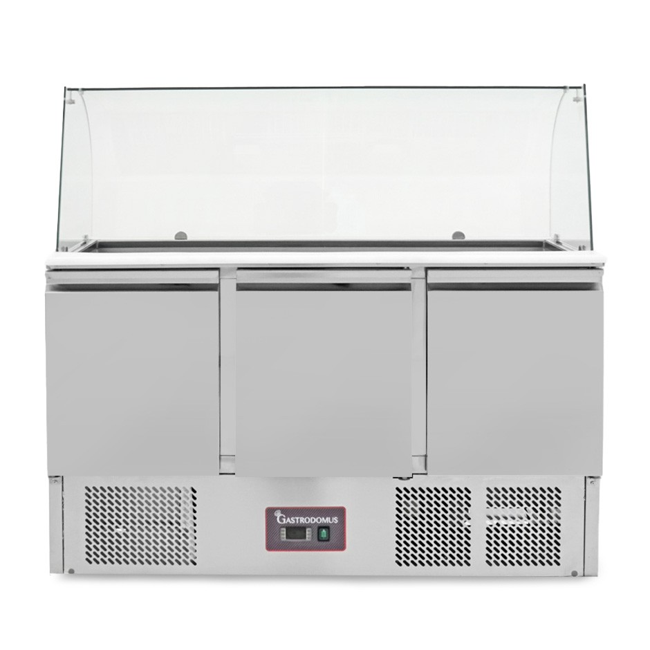 Mesa fría para ensaladas 3 Puertas 4 Cubetas GN1/1 con Vidrio curvado