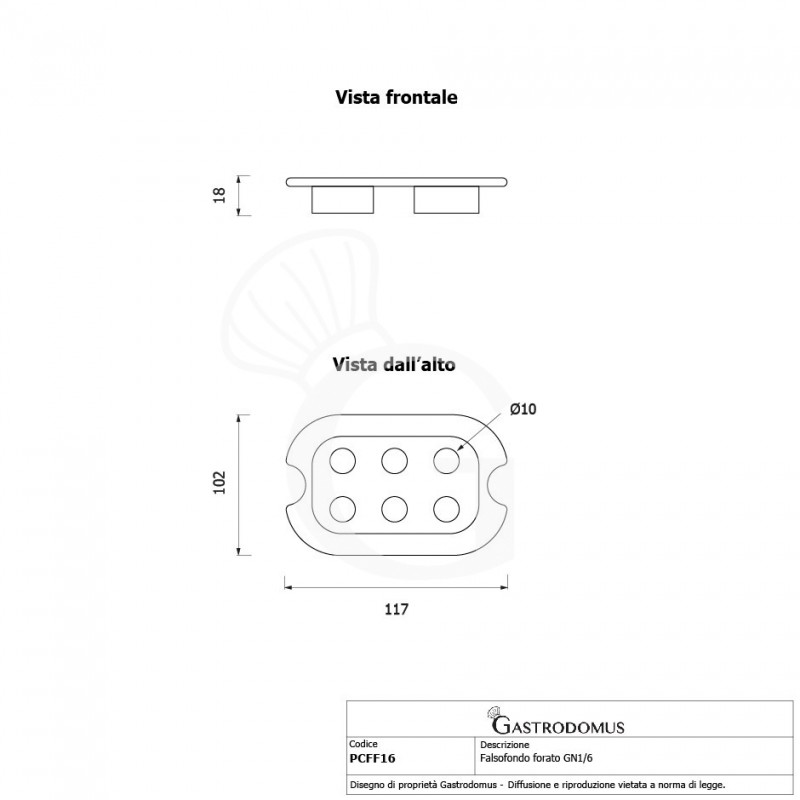 Falso fondo perforado de policarbonato GN1/6  dimensiones L 117 mm x P 102 mm