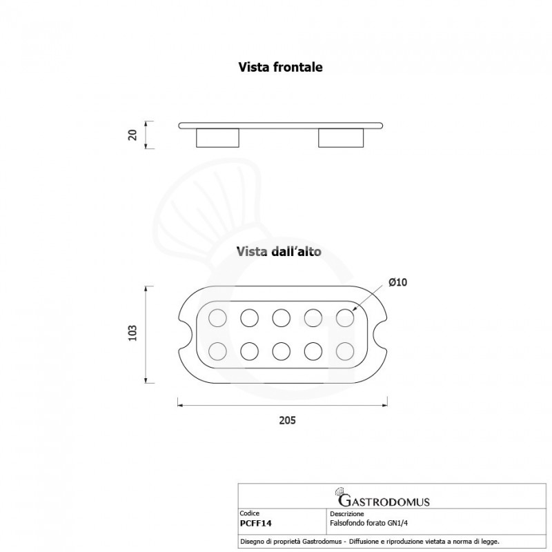 Falso fondo perforado de policarbonato GN 1/4 Dimensiones L 205 mm x P 103 mm