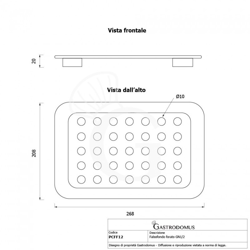 Falso fondo perforado de policarbonato GN1/2 dimensiones L 268 mm x P 208 mm