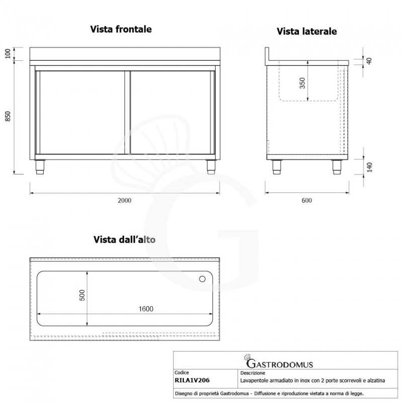 Fregadero para ollas con mueble inox 2 puertas correderas, peto, 1 cuba L 2000 mm x P 600 mm x A 950 mm