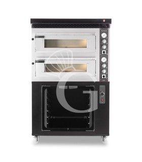 Horno eléctrico 2 cámaras 4+4 pizzas Ø 350 mm, control mecánico con campana negra y cámara de fermentación