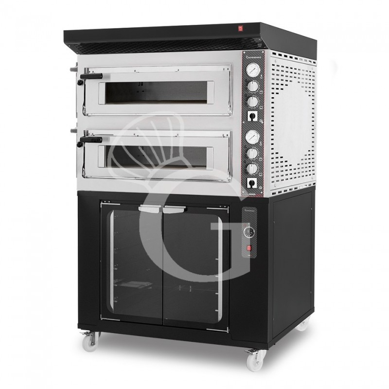 Horno eléctrico 2 cámaras 4+4 pizzas Ø 350 mm, control mecánico con campana negra y cámara de fermentación