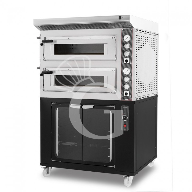 Horno eléctrico de 2 cámaras para 4+4 pizzas Ø 350 mm, control mecánico, con campana inox y cámara fermentación negra