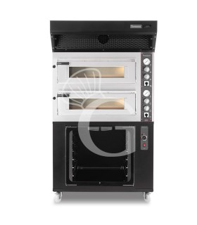 Horno eléctrico de 2 cámaras para 4+4 pizzas Ø 350 mm, control mecánico, campana de condensación, cámara de fermentación negra