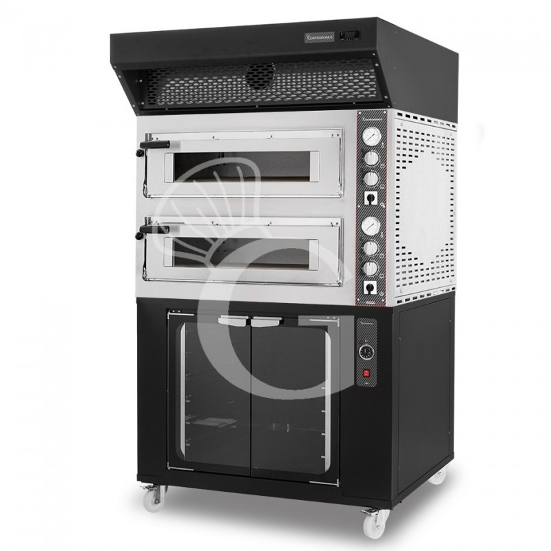 Horno eléctrico de 2 cámaras para 4+4 pizzas Ø 350 mm, control mecánico, campana de condensación, cámara de fermentación negra