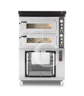 Horno eléctrico de 2 cámaras para 4+4 pizzas Ø 350 mm, control mecánico, con campana negra y cámara fermentación inox