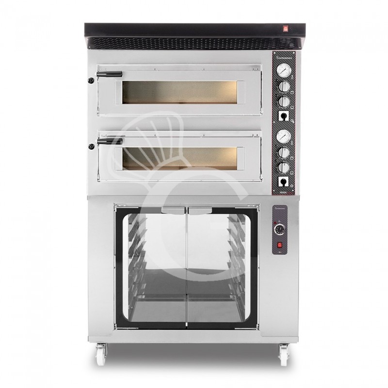 Horno eléctrico de 2 cámaras para 4+4 pizzas Ø 350 mm, control mecánico, con campana negra y cámara fermentación inox