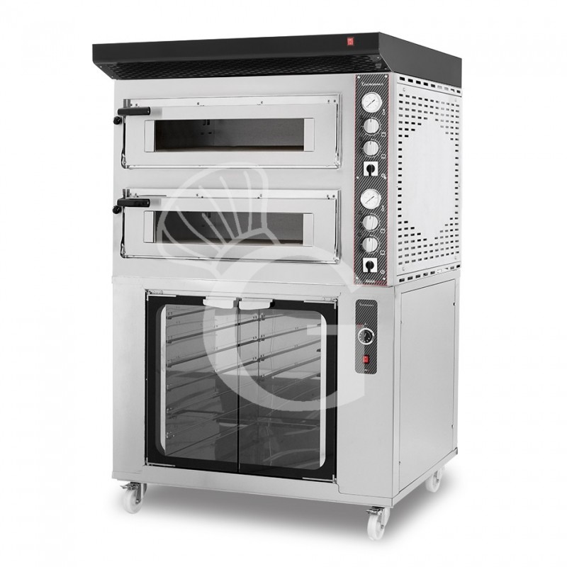Horno eléctrico de 2 cámaras para 4+4 pizzas Ø 350 mm, control mecánico, con campana negra y cámara fermentación inox