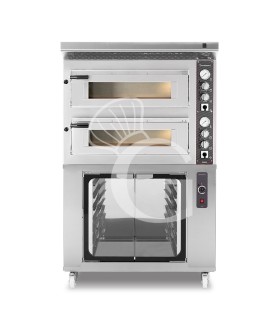 Horno eléctrico mecánico 4+4 pizzas Ø 350mm, completo de campana inox + cámara fermentación inox