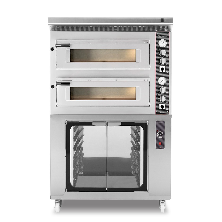 Horno eléctrico mecánico 4+4 pizzas Ø 350mm, completo de campana inox + cámara fermentación inox
