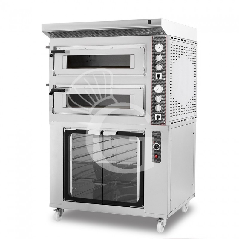 Horno eléctrico mecánico 4+4 pizzas Ø 350mm, completo de campana inox + cámara fermentación inox