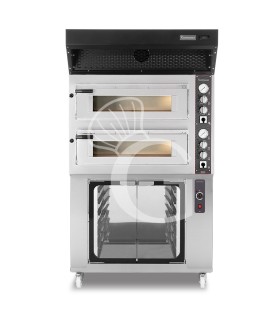 Horno eléctrico de 2 cámaras 4+4 pizzas Ø 350 mm, control mecánico,  campana de condensación negra y cámara fermentación inox