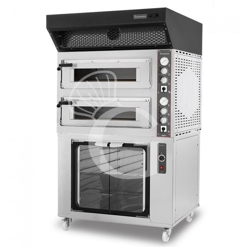 Horno eléctrico de 2 cámaras 4+4 pizzas Ø 350 mm, control mecánico,  campana de condensación negra y cámara fermentación inox