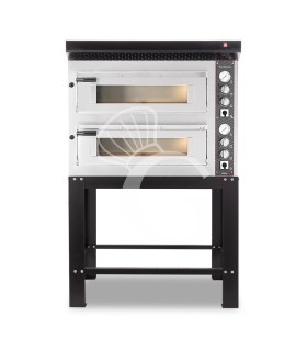 Horno eléctrico de 2 cámaras para 4+4 pizzas Ø 350 mm, control mecánico, con campana negra y soporte