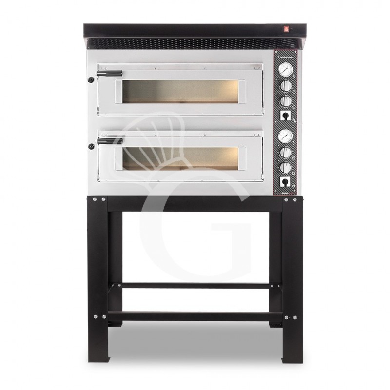 Horno eléctrico de 2 cámaras para 4+4 pizzas Ø 350 mm, control mecánico, con campana negra y soporte