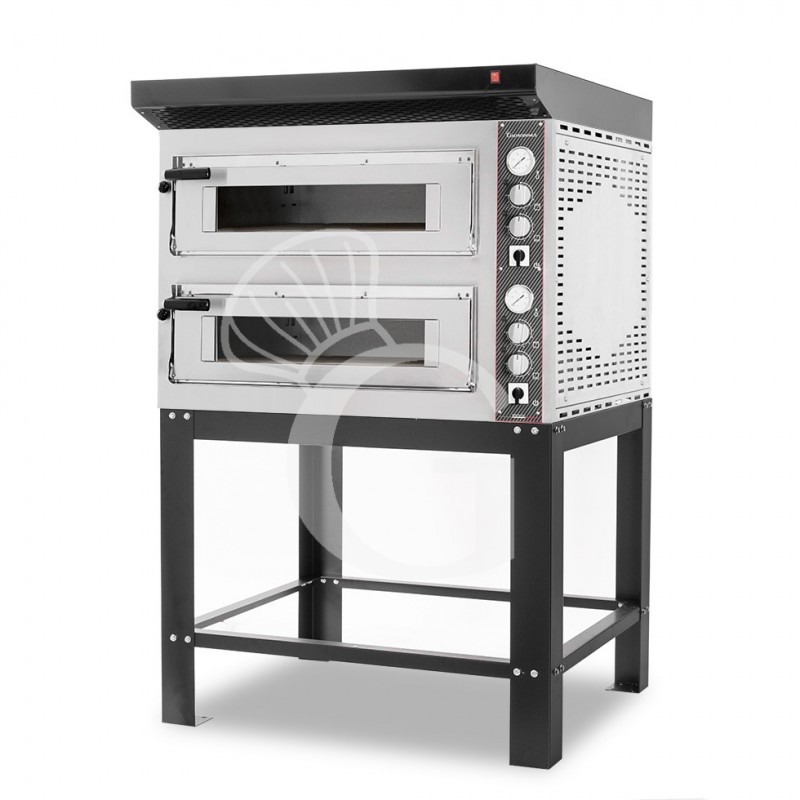 Horno eléctrico de 2 cámaras para 4+4 pizzas Ø 350 mm, control mecánico, con campana negra y soporte