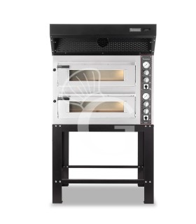 Horno eléctrico de 2 cámaras para 4+4 pizzas Ø 350 mm, control mecánico, con campana de condensación negra y soporte