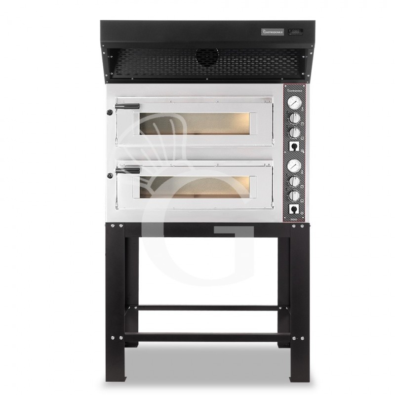 Horno eléctrico de 2 cámaras para 4+4 pizzas Ø 350 mm, control mecánico, con campana de condensación negra y soporte