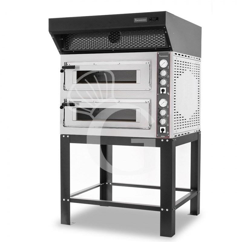 Horno eléctrico de 2 cámaras para 4+4 pizzas Ø 350 mm, control mecánico, con campana de condensación negra y soporte