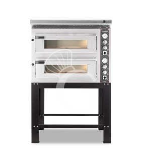 Horno eléctrico de 2 cámaras para 4+4 pizzas Ø 350 mm, control mecánico, con campana inox y soporte