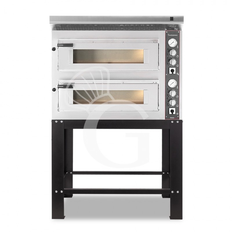 Horno eléctrico de 2 cámaras para 4+4 pizzas Ø 350 mm, control mecánico, con campana inox y soporte